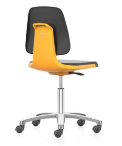 Interstuhl Büromöbel Laboratory Chair Labsit 2 with Castors Leatherette Magic Black MG01 Seat Shell Orange, Alu Base Polished