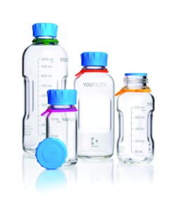 DWK Duran YOutility Bottle, 125 mL, Clear, Graduated, GL45, with Screw Cap and Pouring Ring, PP, Pack of 4