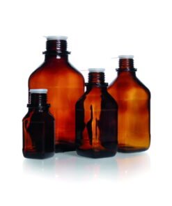 DWK Duran Square Screw Cap Bottle, Narrow Neck, Soda Lime Glass, Amber with Dust Proof Cap, 100 mL