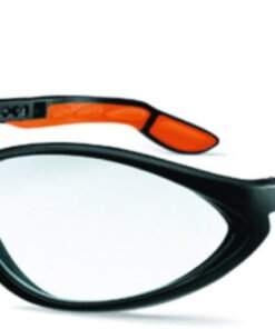 Uvex Cybric 9188 Safety Spectacles, Black/Orange Frame, Clear Lens, UV 2-1.2, Optidur 4C Plus