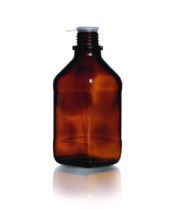 DWK Duran Square Screw Cap Bottle, Narrow Neck, Soda Lime Glass, Amber with Dust Proof Cap, 500 mL