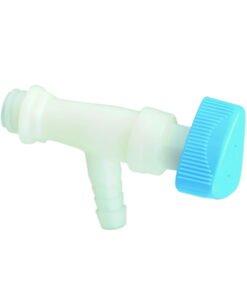 Hünersdorff Angled Stopcock – 22mm natural straight thread, Blue Rotary Handle, Sleeve Connection (12mm) (1/2")