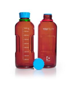 DWK Duran YOUTILITY Bottle 1000 ml Amber, Graduated, GL 45, with Screw-Cap and Pouring Ring (PP), Pack of 4