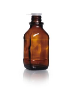 DWK Duran Square Screw Cap Bottle, Narrow Neck, Soda Lime Glass, Amber, With Dust Proof Cap, 250 mL