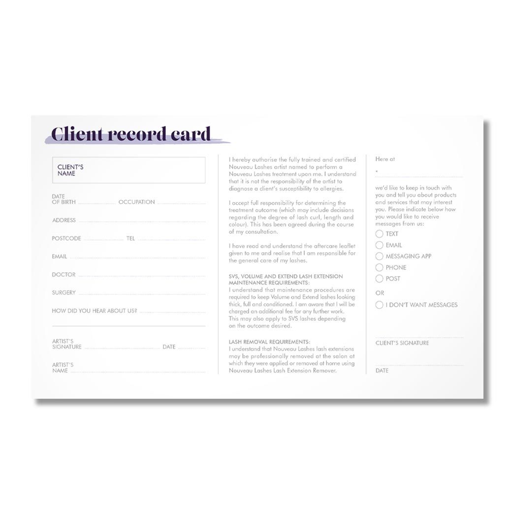 Nouveau Lashes Client Record Cards 100's